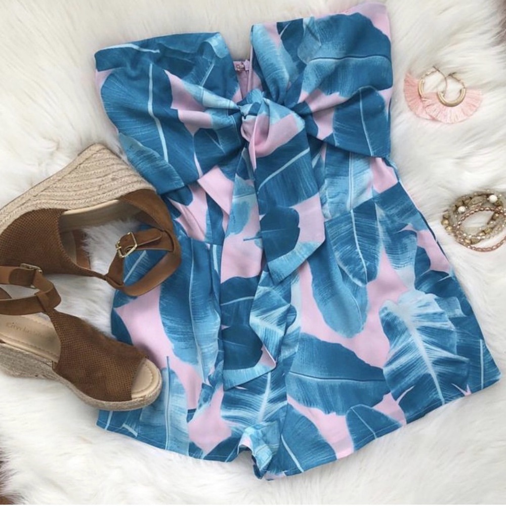BuddyLove Strapless Tropical Leaf Romper Bow Front Pink Teal Resort Size Large